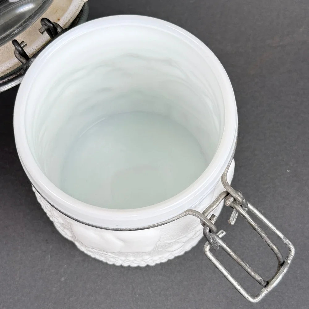 Vintage White Milk Glass 1/2L Canister Jar Clamp Bail Lid Grape Fruit Pattern